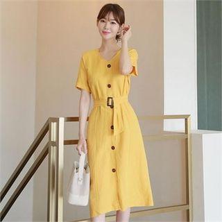 V-neck Linen Blend Long Dress With Belt