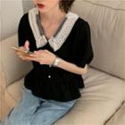 Balloon-sleeve Lace Collar Blouse Black - One Size