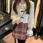 Puff-sleeve Lace Blouse / Plaid A-line Skirt