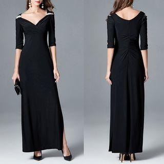 V-neck Slit-side Rhinestone Shoulder Evening Dress
