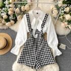 Set: Long-sleeve Tie-neck Blouse + Houndstooth Suspender Shorts