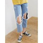 Distressed Straight-cut Cropped Jeans