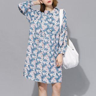 Feather Print Long Sleeve A-line Dress