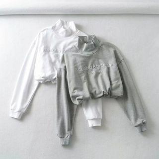 Lettering Drawstring Hem Mock-neck Cropped Sweatshirt