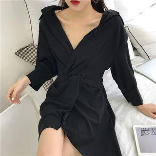 Shirred Long-sleeve A-line Dress