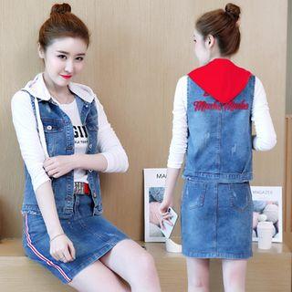 Long-sleeve Lettering T-shirt / Short-sleeve Lettering T-shirt / Hooded Denim Vest / Mini Denim Skirt / Set