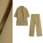 Double Breasted Short Sleeve Blazer / Straight Leg Pants / Set