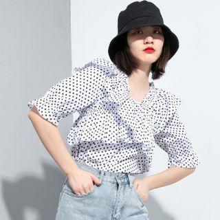 Ruffle Trim Dotted Elbow-sleeve Blouse
