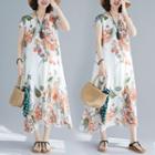 Short-sleeve Floral Print Midi A-line Dress As Shown In Figure - One Size