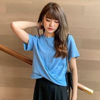 Short-sleeve Plain Asymmetric Cropped T-shirt