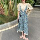 Puff-sleeve T-shirt / Flower Print Lace Trim Midi Overall Dress