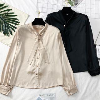 Ribbon-neckline Satin Shirt