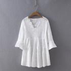 Elbow-sleeve Embroidered A-line Dress White - One Size
