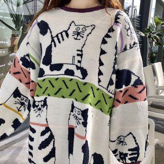 Cat Pattern Sweater White - One Size