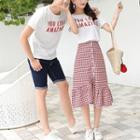 Couple Matching Set: Lettering Short-sleeve T-shirt + Plaid Midi Skirt / Lettering Short-sleeve T-shirt