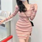 Long-sleeve Square-neck Striped Mini Bodycon Dress Pink - One Size