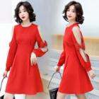 Long-sleeve Dotted Mesh Panel Mock-neck A-line Dress