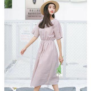 V-neck Plaid Elbow-sleeve Midi Dress
