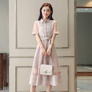Mesh Panel Plaid Short-sleeve Dress