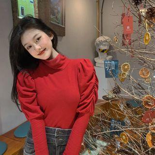 Lantern-sleeve Mock-neck T-shirt Red - One Size