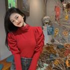 Lantern-sleeve Mock-neck T-shirt Red - One Size