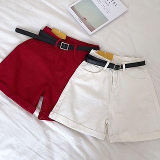 Plain Roll-up High-waist Denim Shorts With Belt