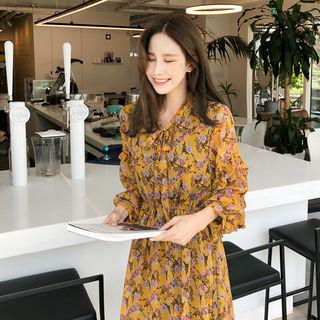 Tie-neck Floral Print Dress Yellow - One Size