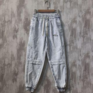 Patch Drawstring-waist Denim Sweat Pants