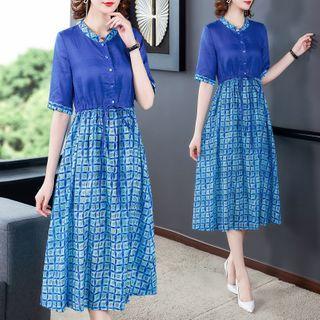Short-sleeve Checked Buttoned A-line Midi Dress