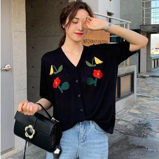 Elbow-sleeve Embroidered Buttoned Knit Top