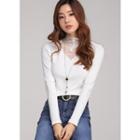 Buttoned Tulle-panel Slim Knit Top