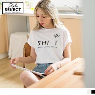 Lettering Short-sleeve Cuffed Top