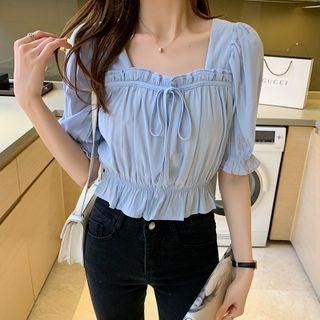 Short Sleeve Square Neck Ruffled Cropped Blouse