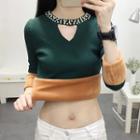 Faux-pearl Cutout Cropped Knit Top