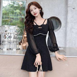 Puff Long-sleeve Mesh Panel Mini A-line Dress