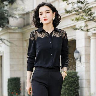 Long-sleeve Lace-panel Shirt / Boot-cut Dress Pants / Set