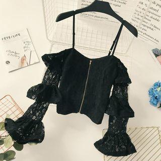 Long-sleeve Cold-shoulder Ruffle Lace Top