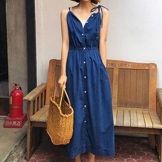 Buttoned A-line Midi Denim Dress