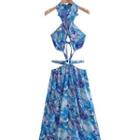 Sleeveless Floral Print Cutout Midi A-line Dress