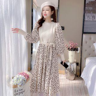 Lantern-sleeve Floral Print Panel Midi A-line Dress