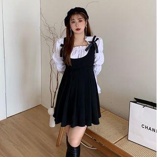 Plus Size Puff-sleeve Bow-accent Blouse / Sleeveless A-line Dress