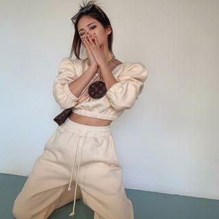 Set: Puff-sleeve Banded-hem Cropped Sweatshirt + Wide-leg Pants