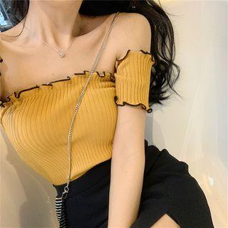 Off-shoulder Short-sleeve Ribbed Top