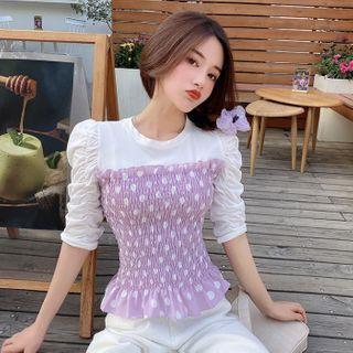 Mock Two-piece Polka Dot Elbow-sleeve Blouse