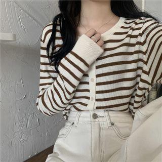 Round-neck Striped Button-up Cardigan