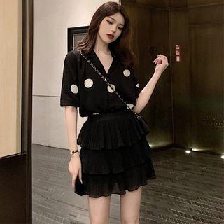 Set: Dotted Short-sleeve Shirt + Tiered Skirt