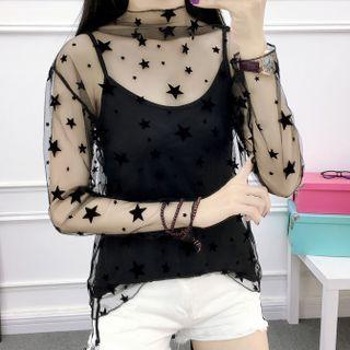 Long-sleeve Mesh Top Star - Black - One Size