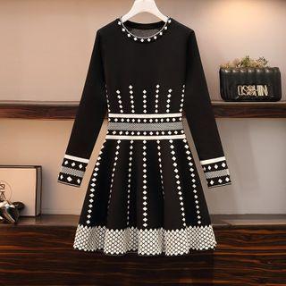 Long-sleeve Patterned Mini A-line Dress
