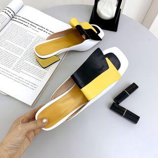 Color Panel Faux Leather Block Heel Mules