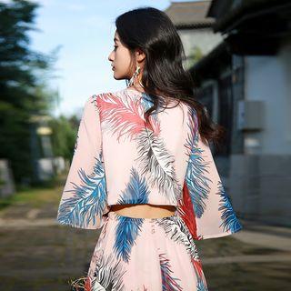 Elbow-sleeve Feather Print Midi A-line Dress